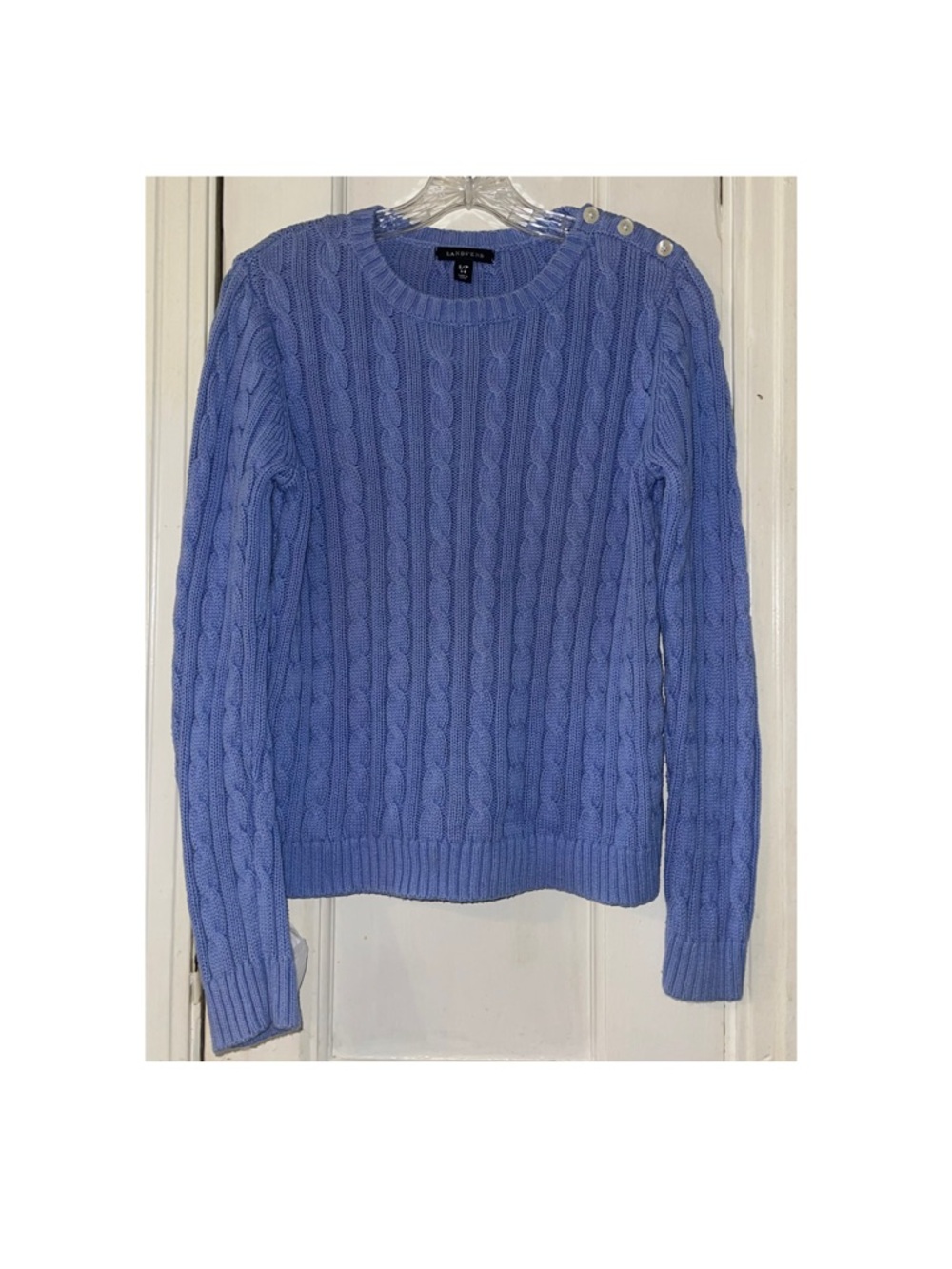 Lands' End Periwinkle Cable-Knit Crewneck Sweater with Shoulder Buttons
